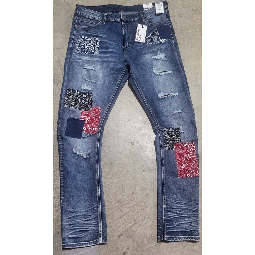 New rue21 Mens 38x32 Skinny Arc Jeans Supreme Flex Blue Distressed Bandana Patch